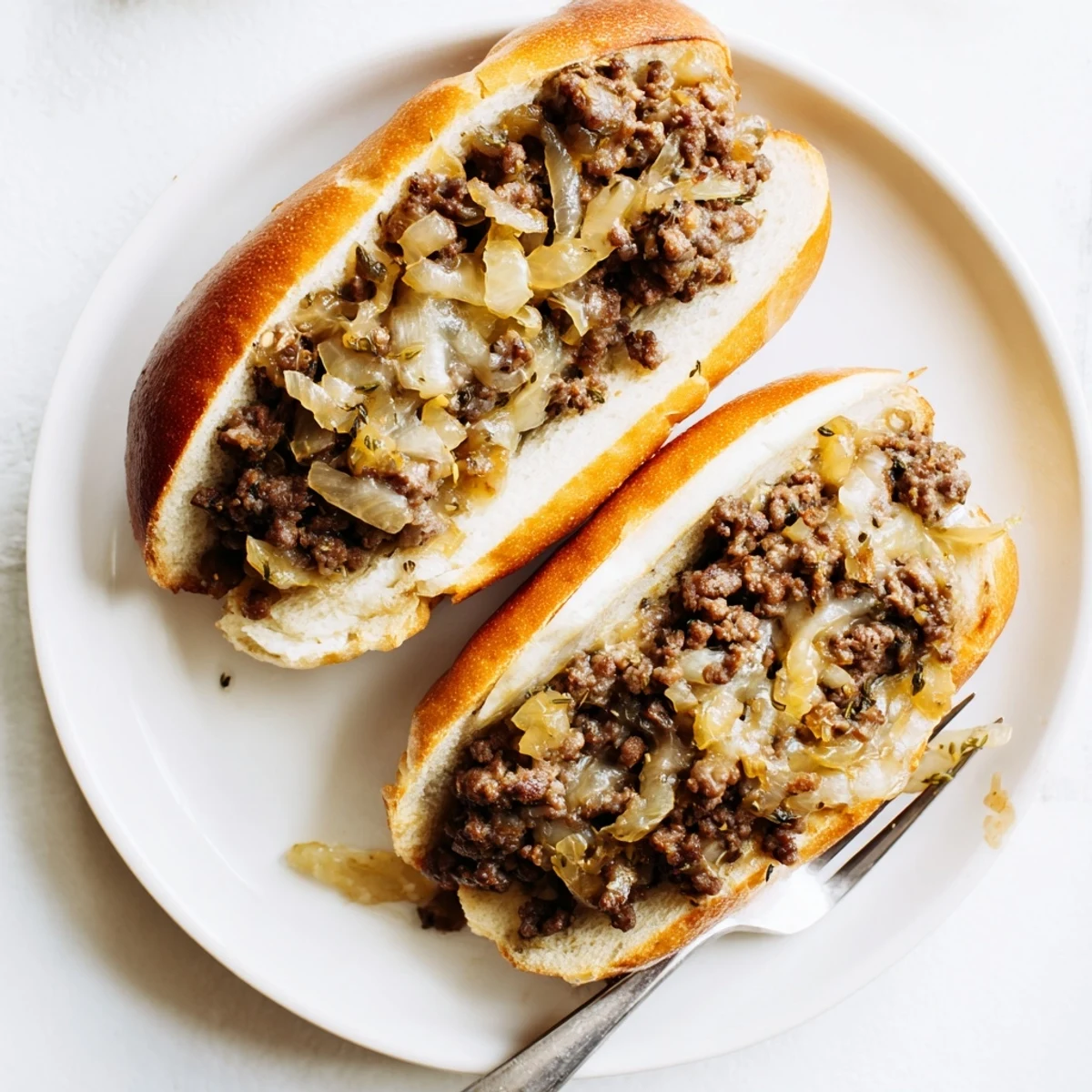 French Onion Beef Sloppy Jores sandwich featuring rich beef onion mixture topped with bubbling Swiss cheese