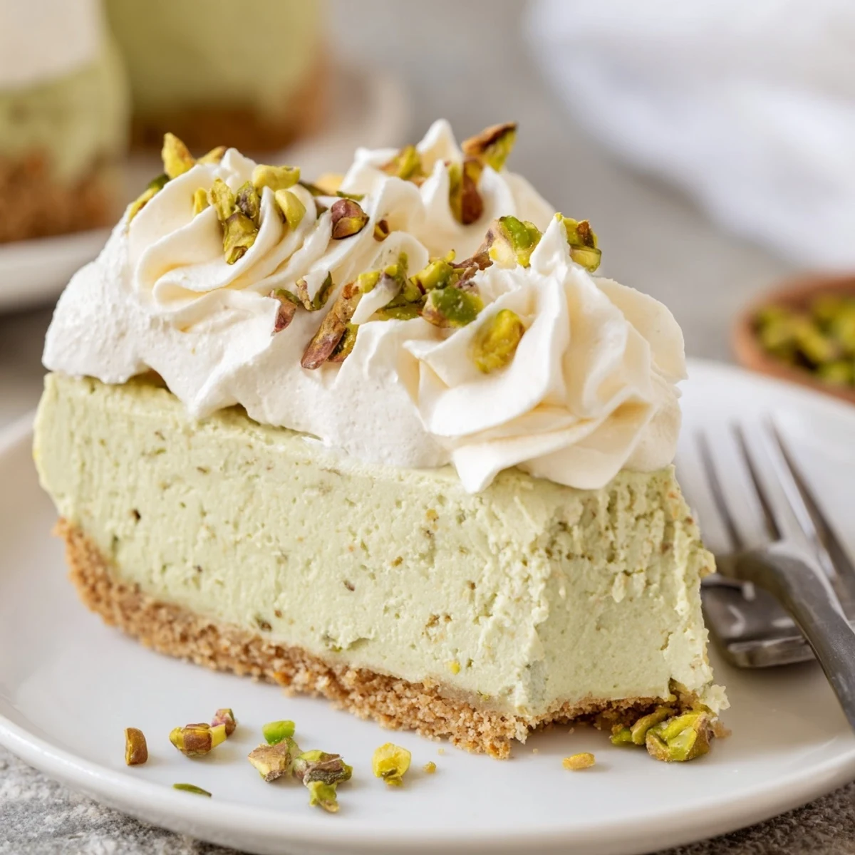 Slice of creamy pistachio cheesecake with green nutty flecks on a buttery graham cracker crust