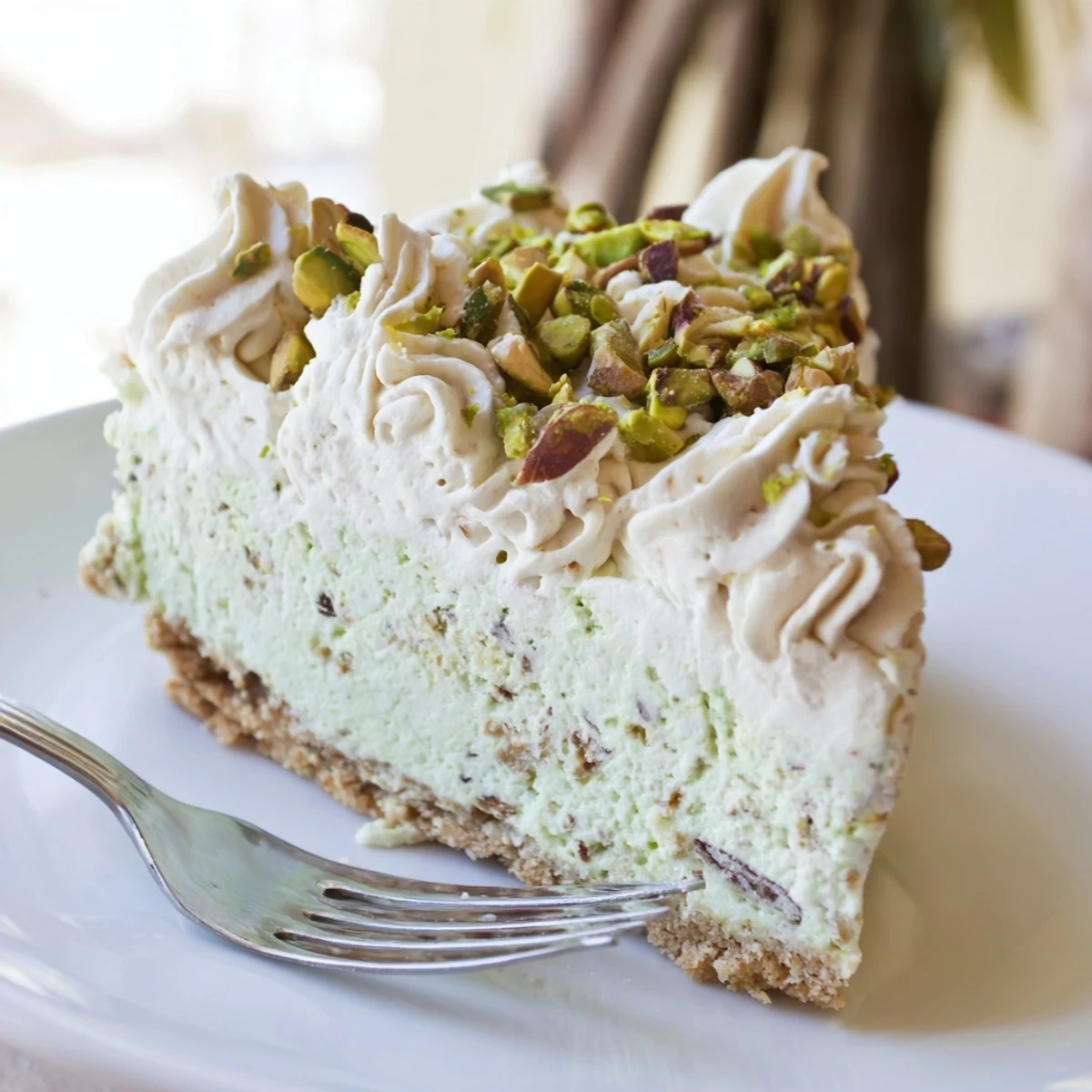 Rich pistachio cheesecake square showing the layered crust and smooth green-tinted cream cheese filling