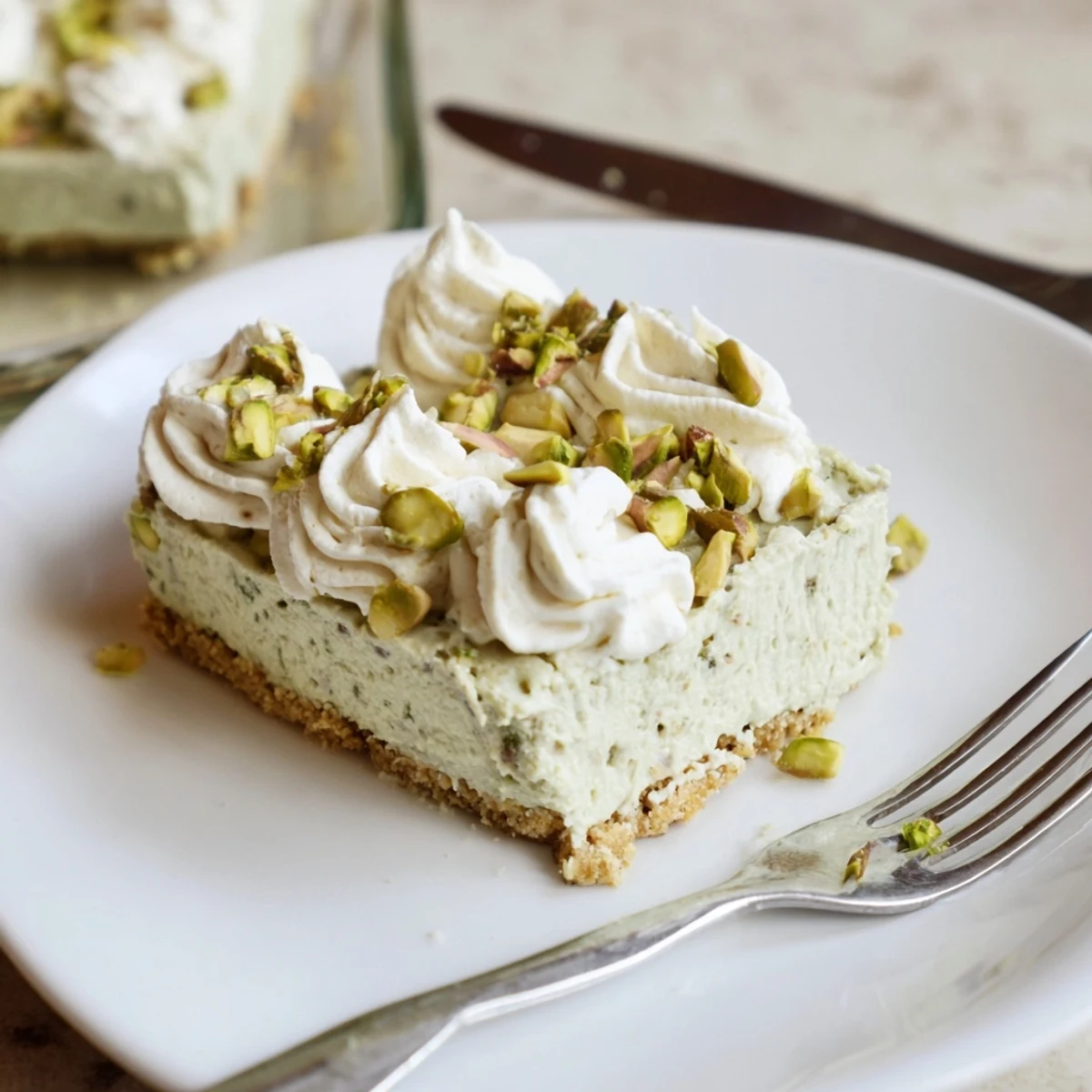 Whole pistachio cheesecake topped with whipped cream and chopped pistachios on a white serving plate