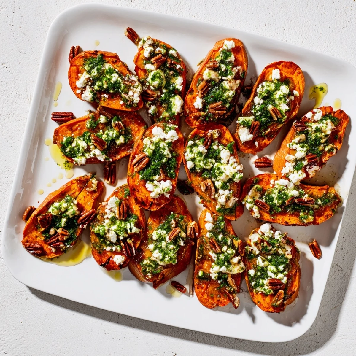 Appetizer tray featuring honey feta sweet potato crostini arranged on serving platter with green herb sauce