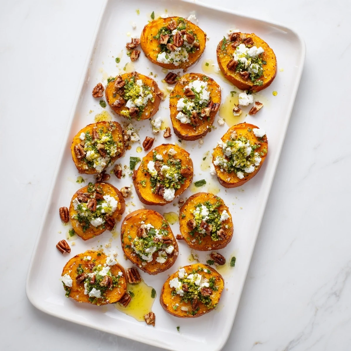Golden roasted sweet potato crostini topped with crumbled feta, sweet honey, and fresh herb drizzle