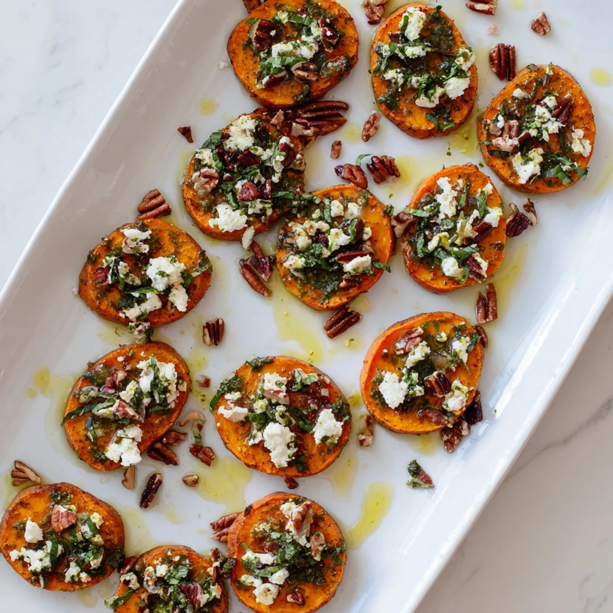 Close up of Mediterranean sweet potato rounds with creamy feta cheese and honey herb glaze