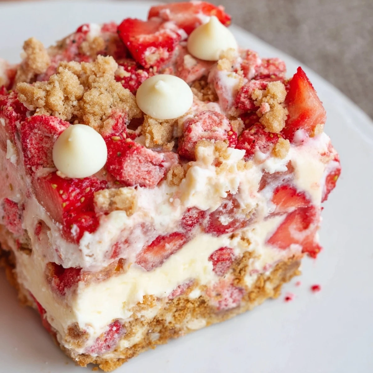 Golden strawberry cheesecake crunch dessert layered with creamy cheesecake filling and fresh strawberries