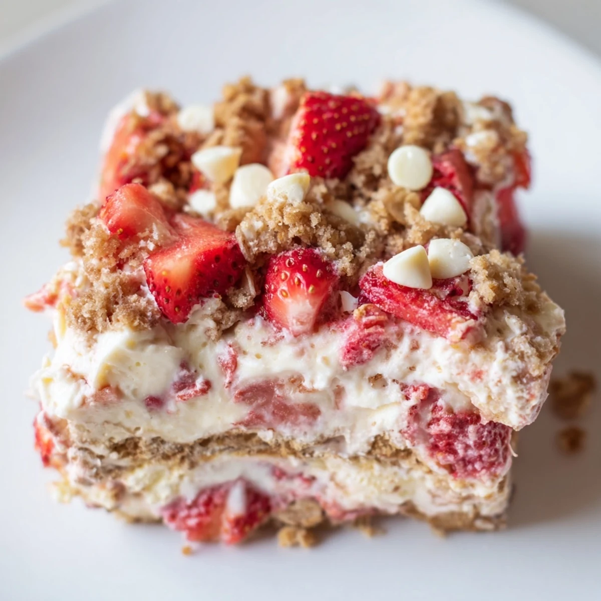 Slice of chilled strawberry cheesecake crunch showing white cream layers and ruby red fruit topping
