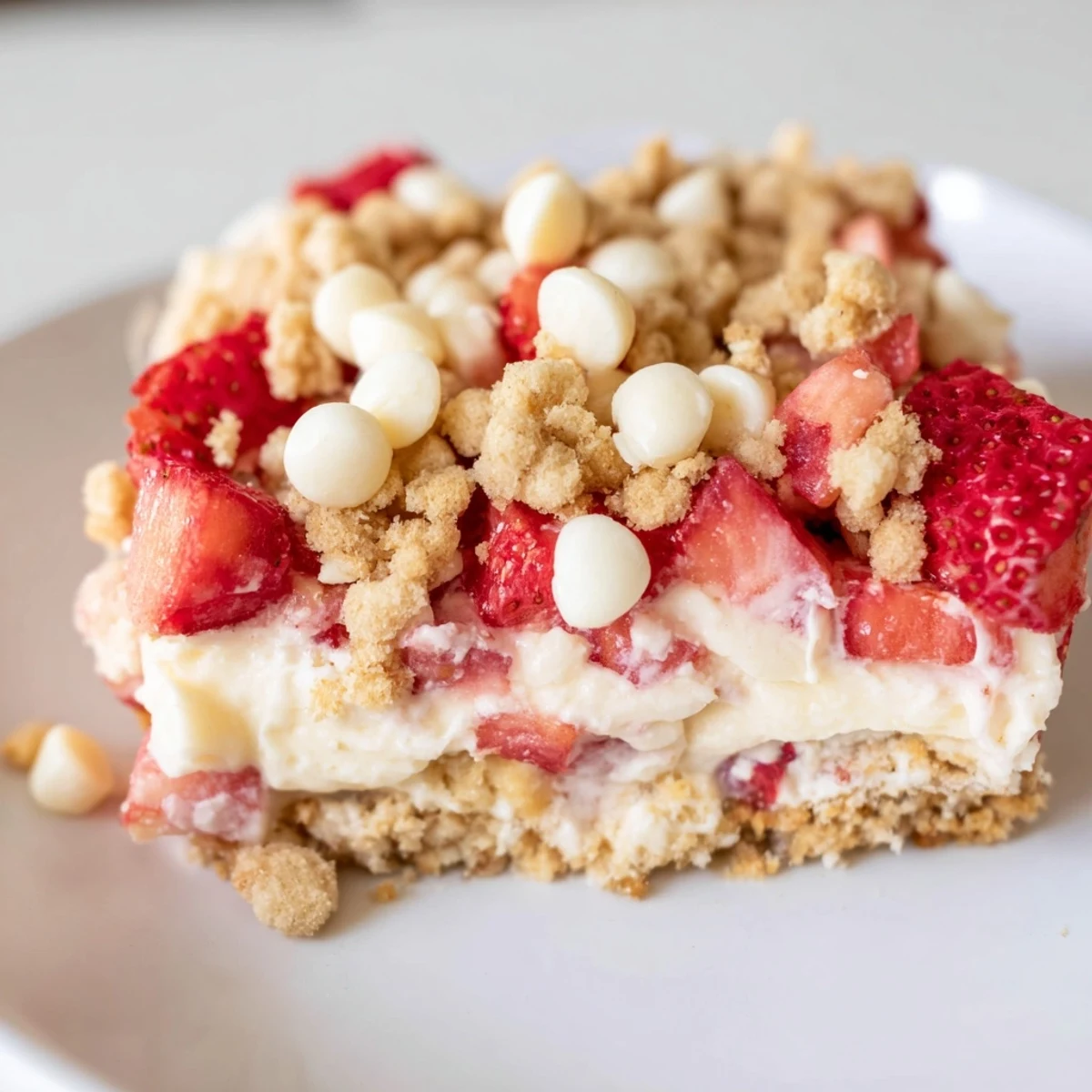 Creamy no-bake strawberry cheesecake crunch topped with buttery graham cracker crumble and juicy berries