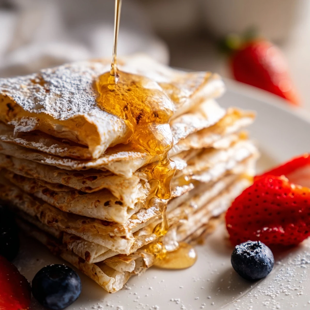 Golden honey drizzles over warm, delicate French crepes stacked elegantly on a white plate