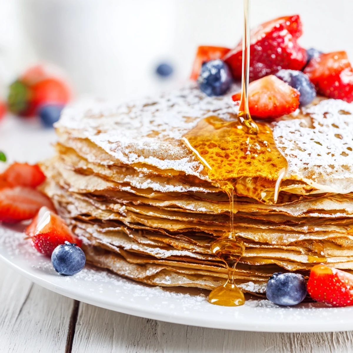 Thin, lacy crepes with honey glaze showcase golden pools against their lightly browned surface