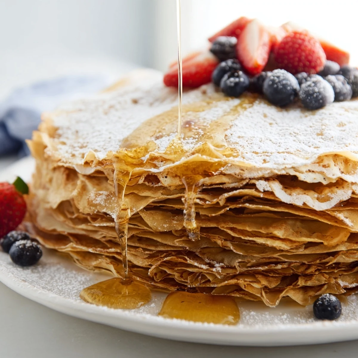 Breakfast crepes glisten with honey topping, finished with fresh berries and powdered sugar dusting