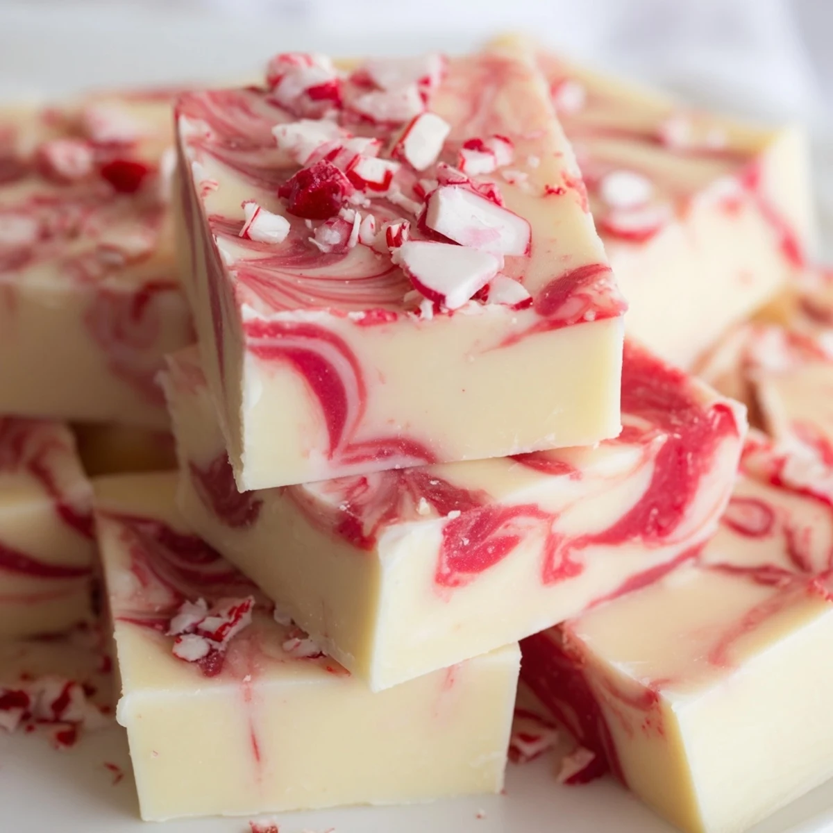 Creamy peppermint swirl fudge squares topped with crushed candy canes on a white plate