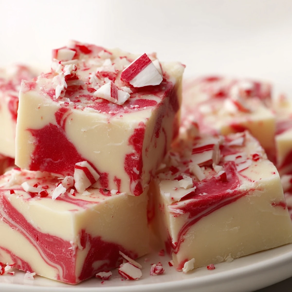 Rich peppermint swirl fudge pieces garnished with peppermint candies ready for holiday gifting
