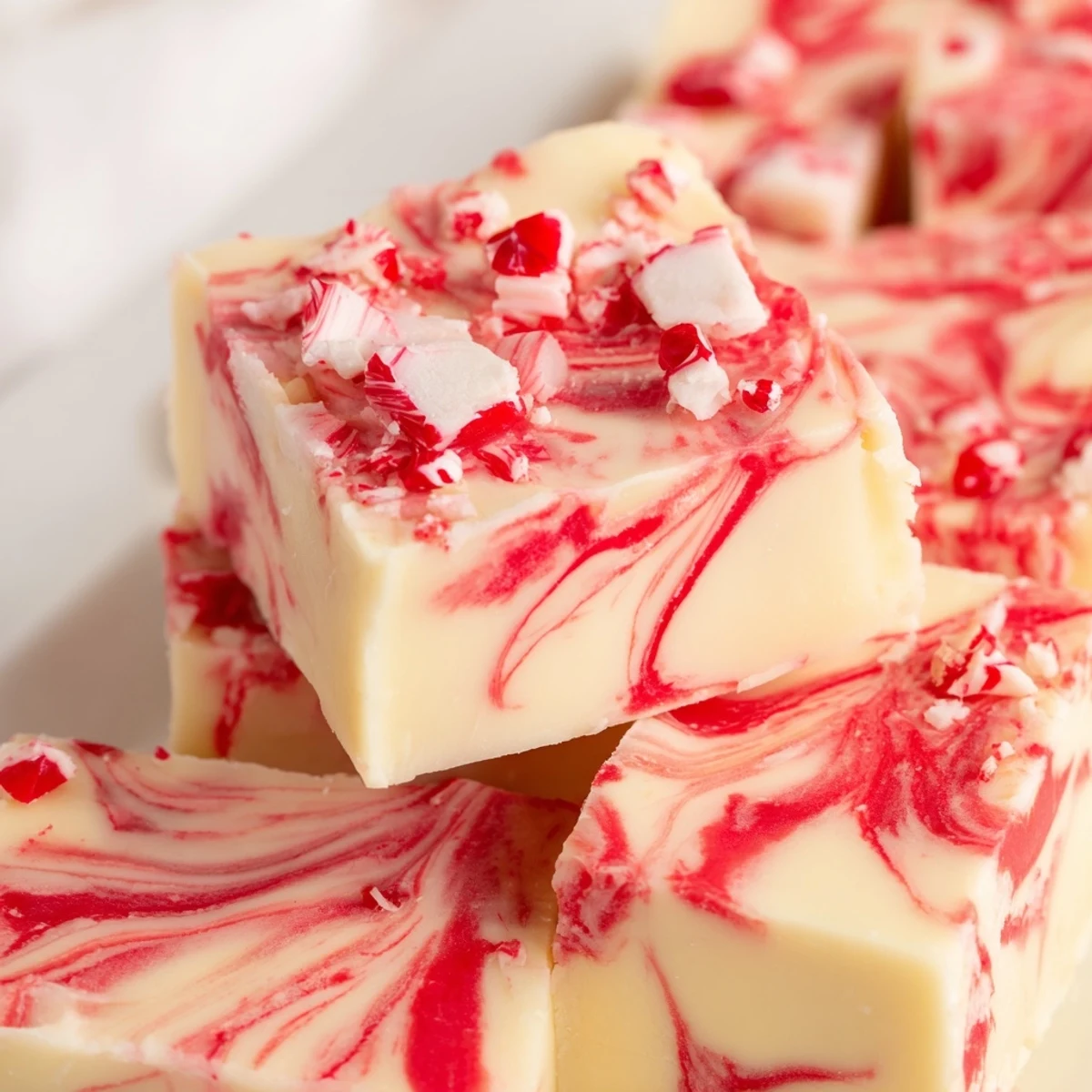 Holiday peppermint swirl fudge with marbled red and white chocolate layers and festive sprinkles