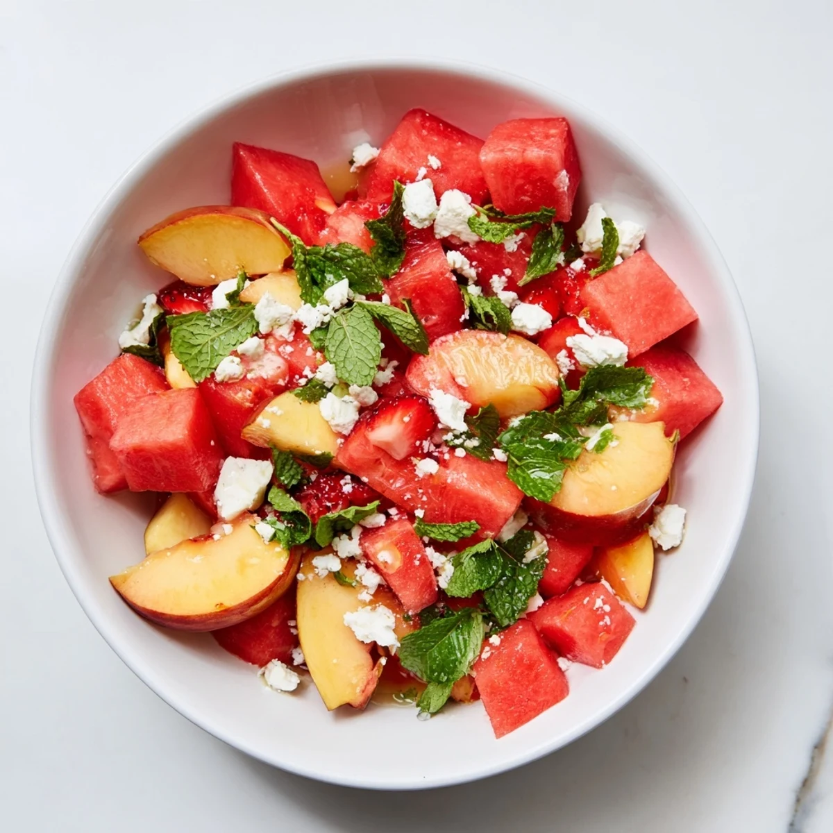 Summer peach watermelon salad featuring juicy cubed fruit topped with fresh mint leaves and tangy lime dressing
