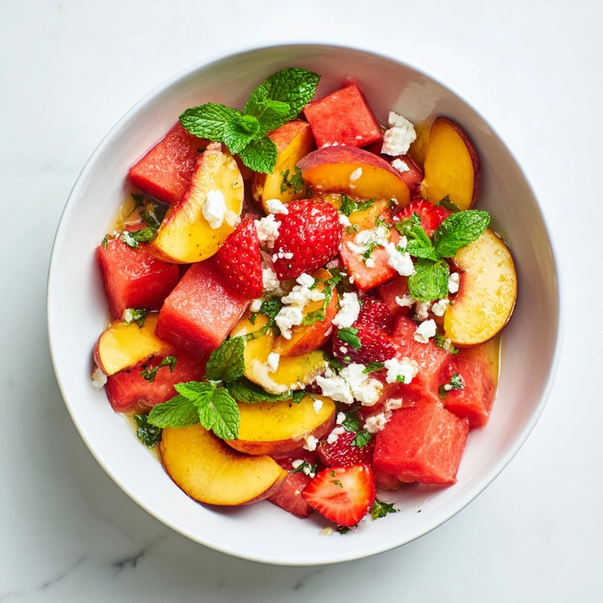 Colorful summer peach watermelon salad in white bowl garnished with crumbled feta cheese and torn mint