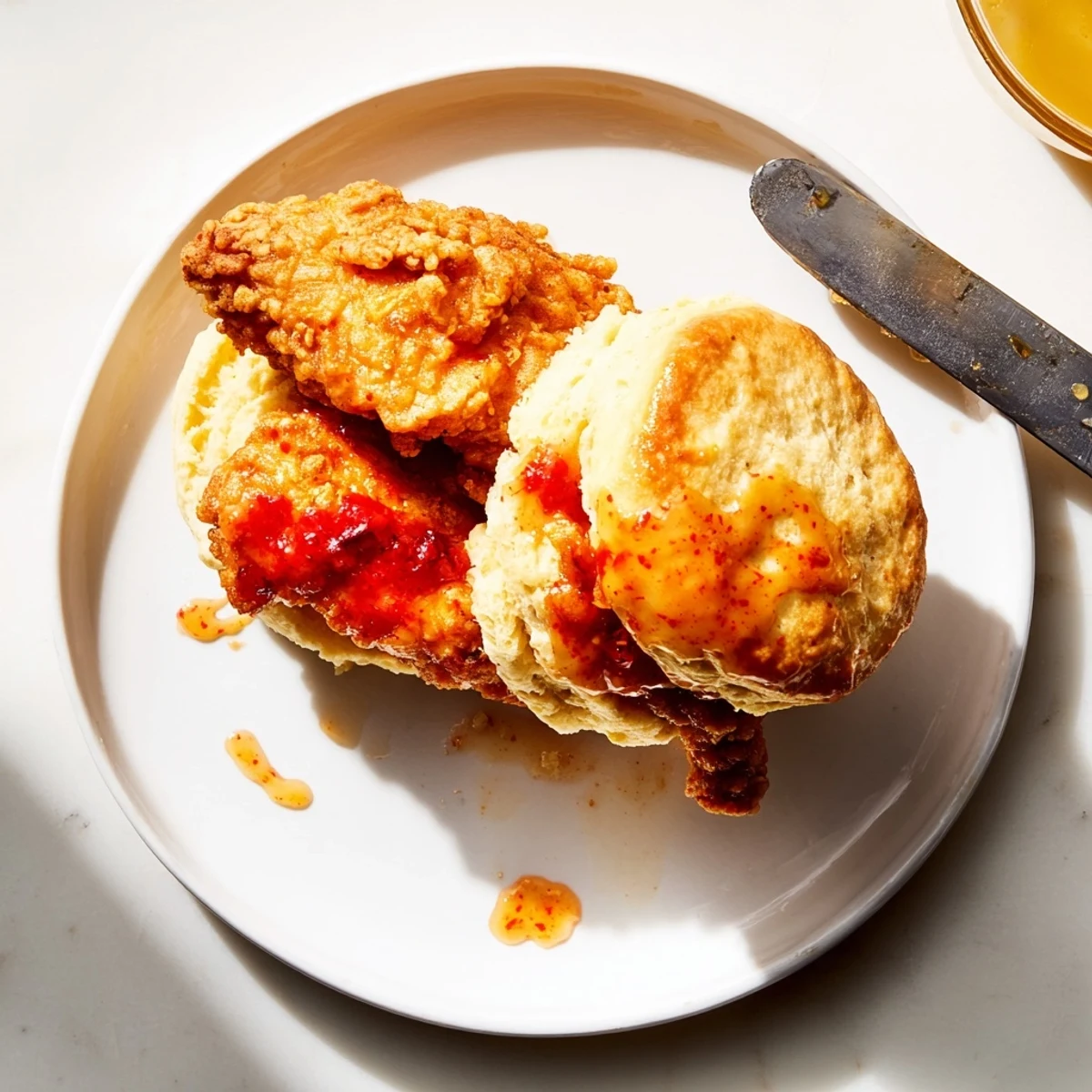 Golden brown butterm biscuit sandwich stacked with crispy fried chicken and glistening hot honey drizzle