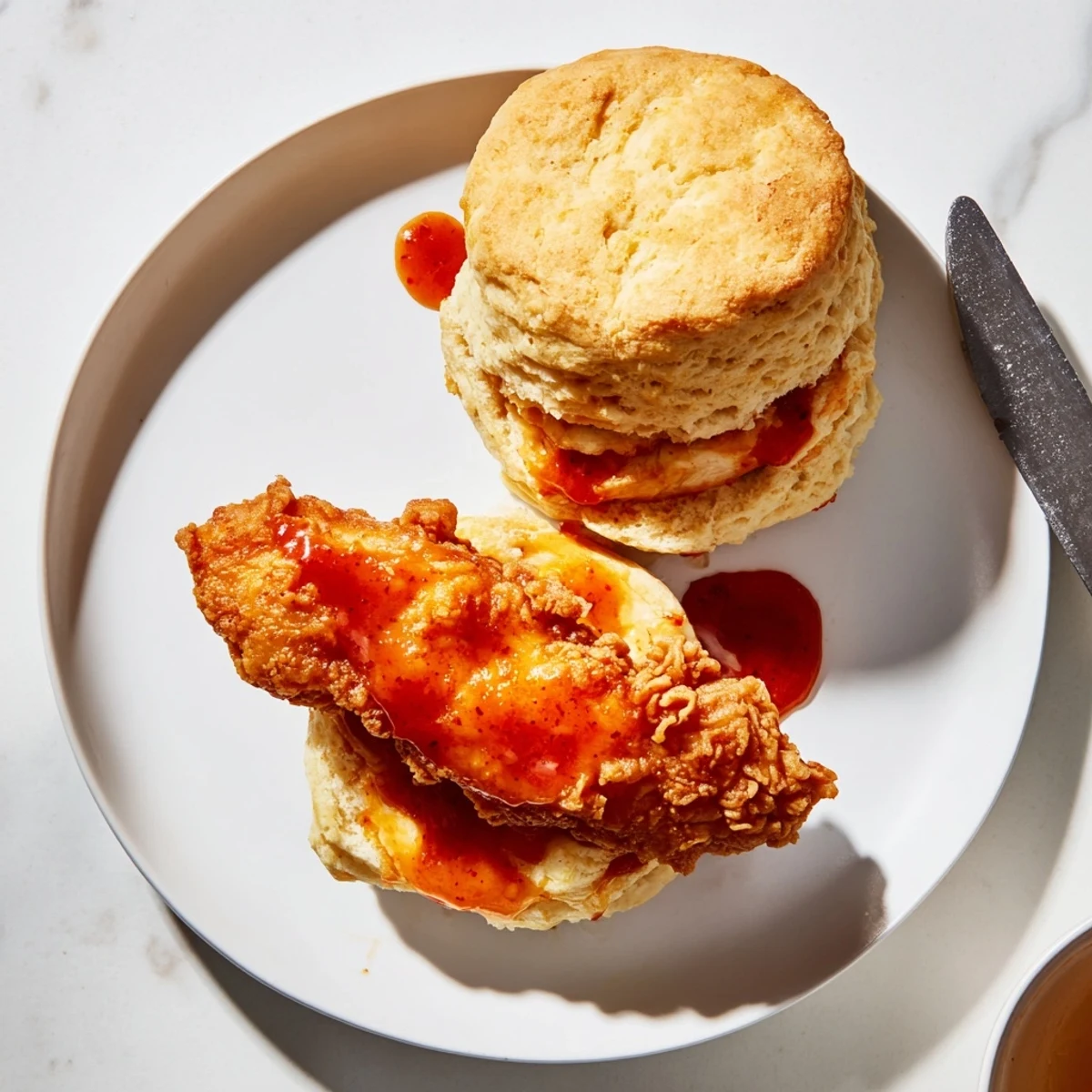 Split open fluffy biscuit revealing juicy fried chicken thigh coated in spicy sweet honey glaze