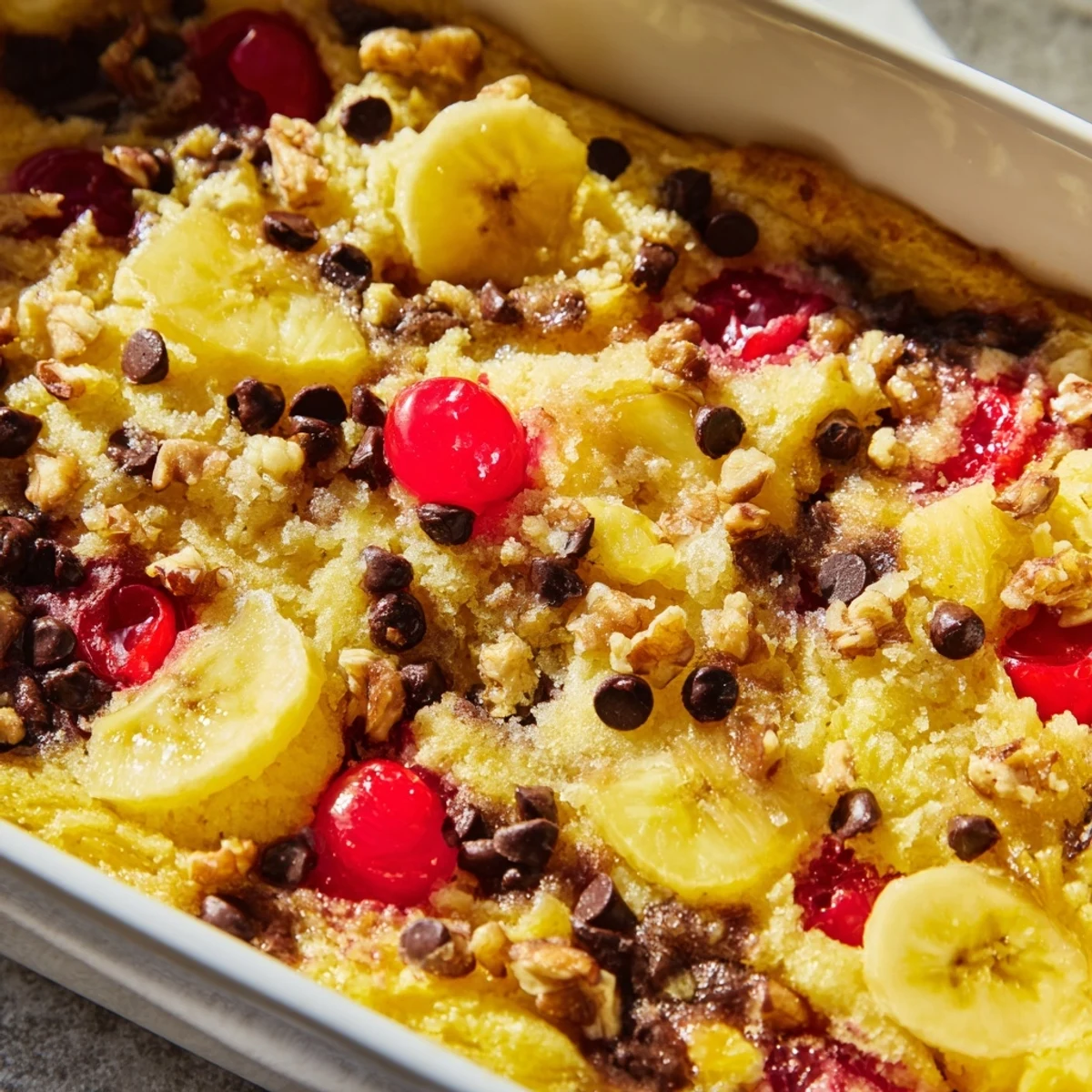 Golden banana split dump cake with bubbling fruit filling and melted butter topping