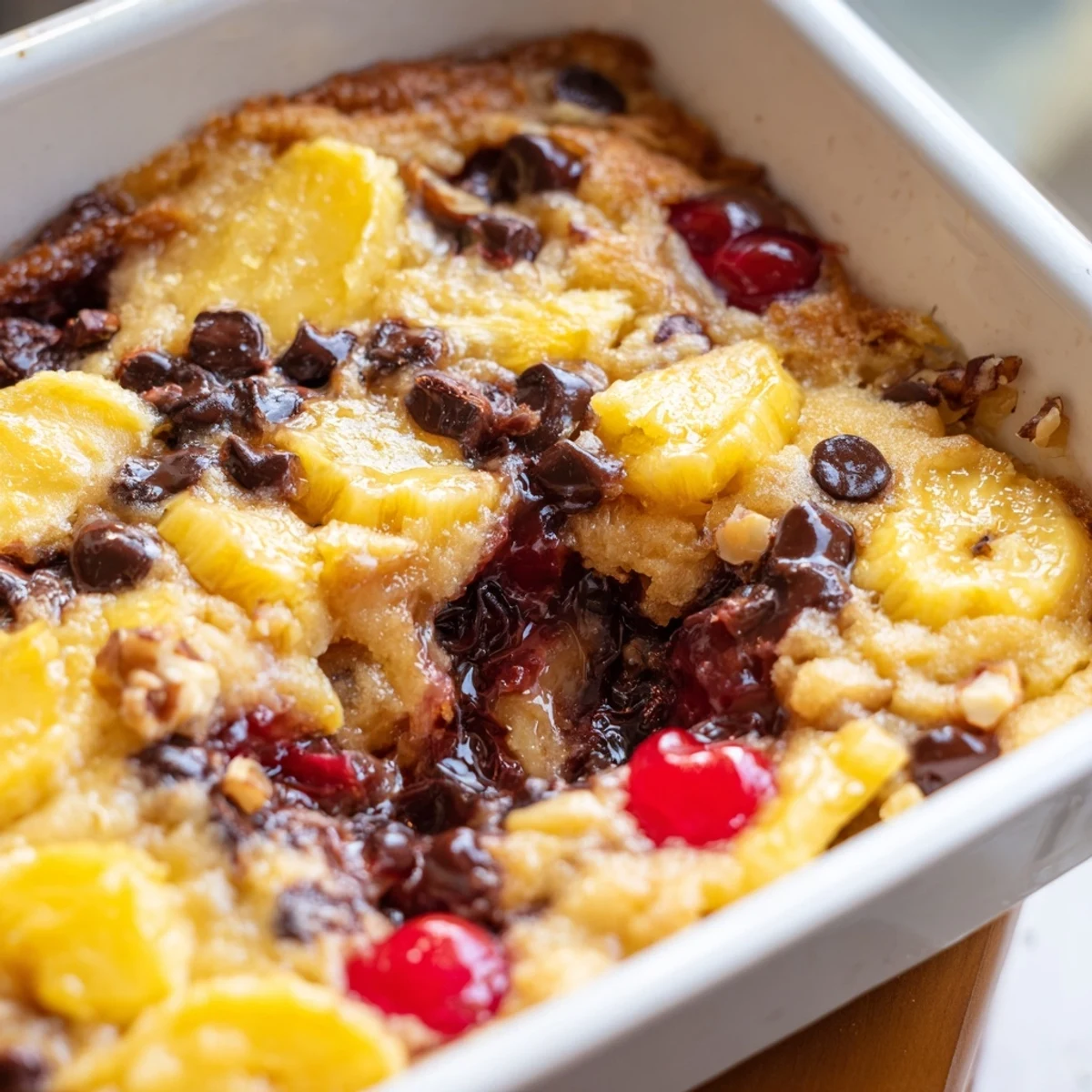 Baked banana split dump cake layered with pineapple chocolate chips and crunchy nuts