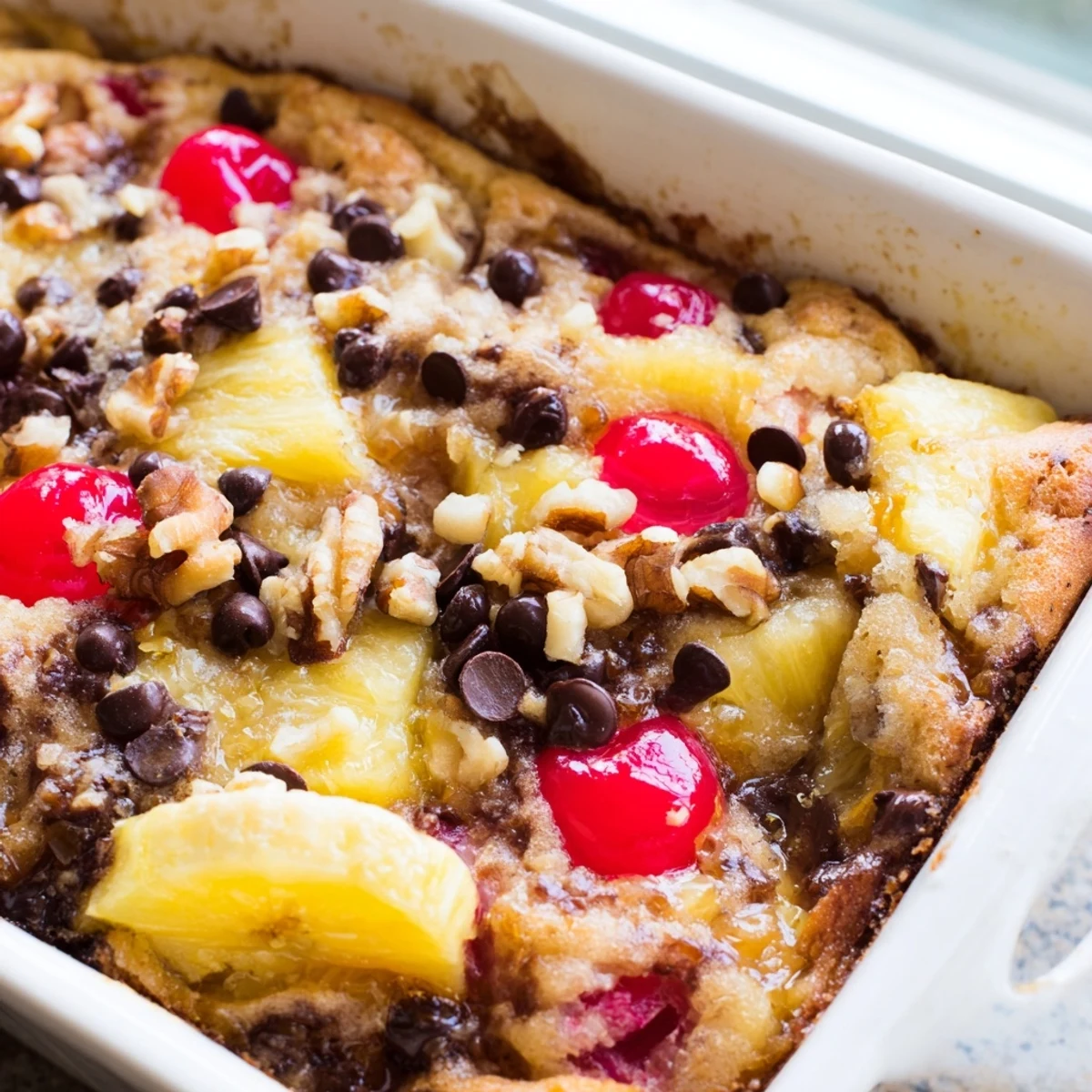 Warm banana split dump cake topped with whipped cream and extra maraschino cherries