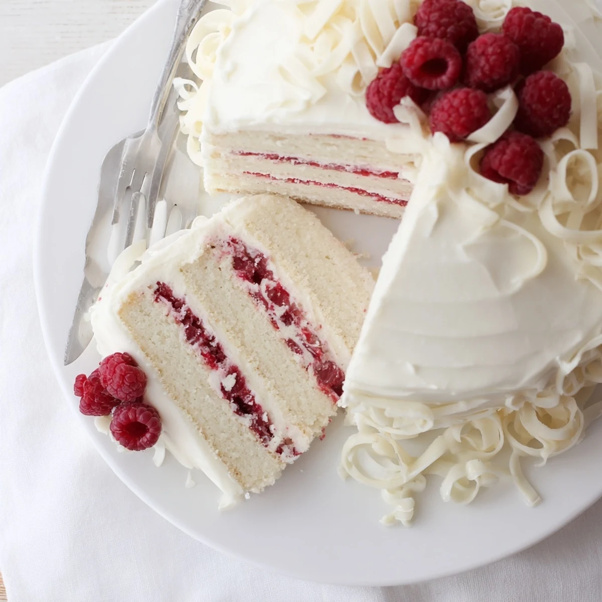 Triple layer white chocolate raspberry dream cake with tart raspberry jam filling and smooth white chocolate buttercream