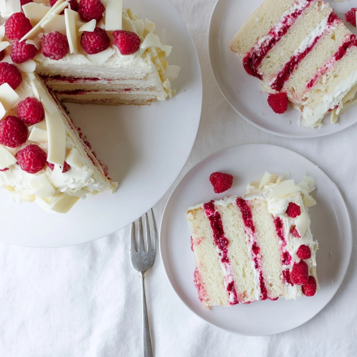 Elegant white chocolate raspberry dream cake layered with fresh raspberry filling and creamy white chocolate frosting