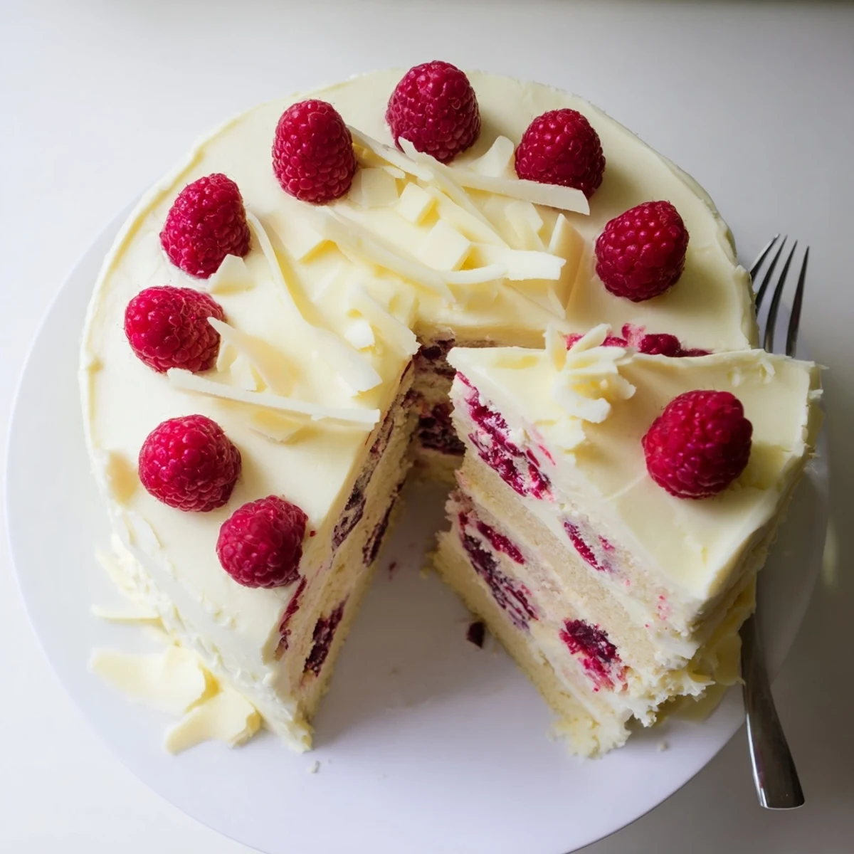 Decadent white chocolate raspberry dream cake slice showcasing moist sponge, ruby raspberry filling, and fluffy white frosting