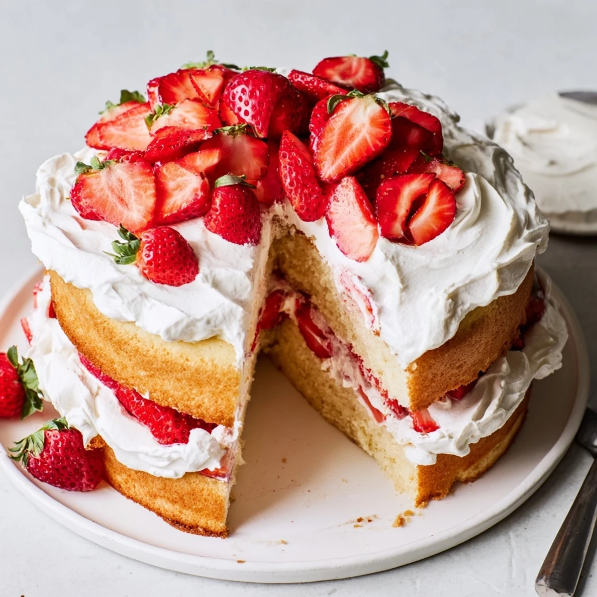 Golden strawberry shortcake cake layered with fresh berries and fluffy whipped cream