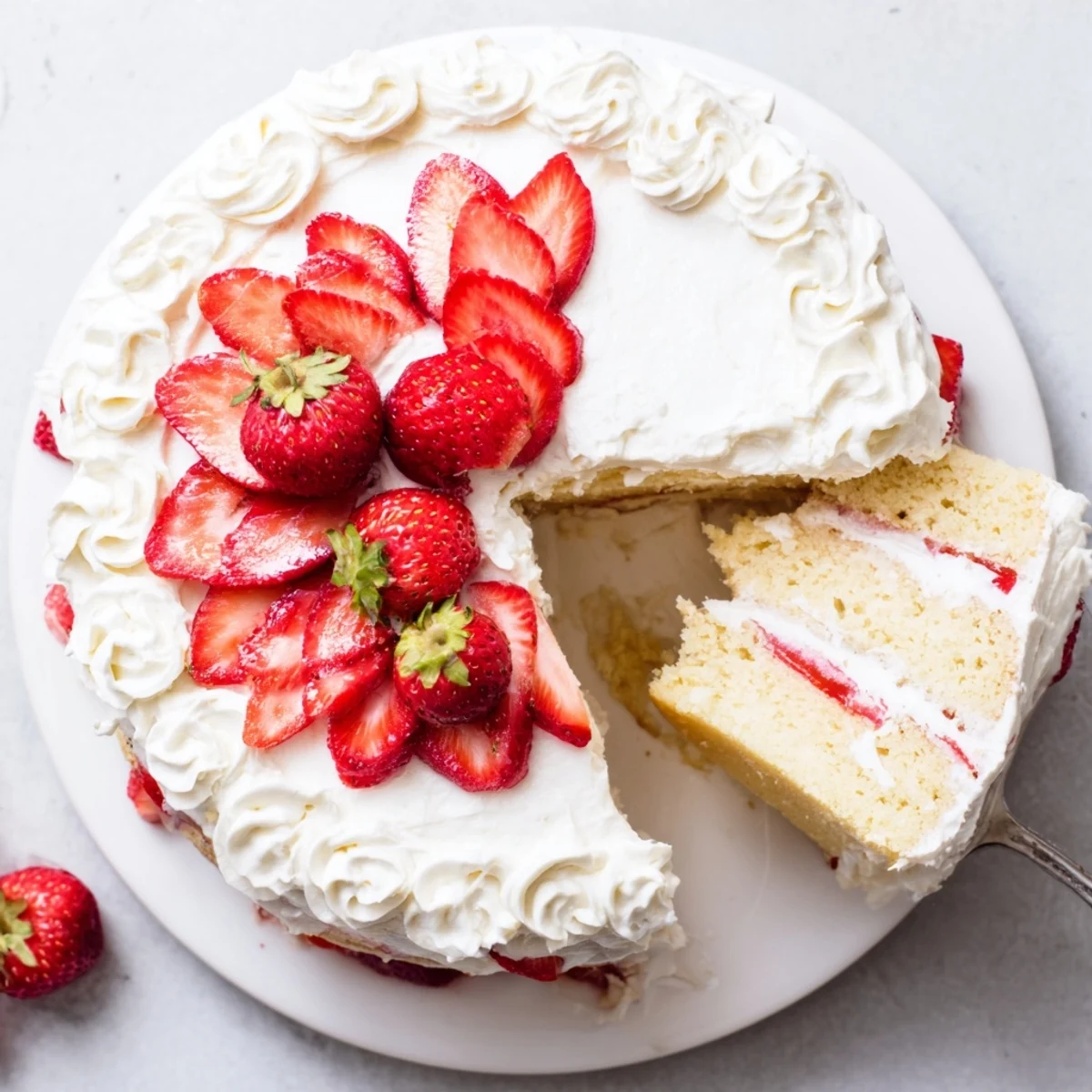 Two-layer vanilla strawberry shortcake cake topped with sweet sliced berries and cream