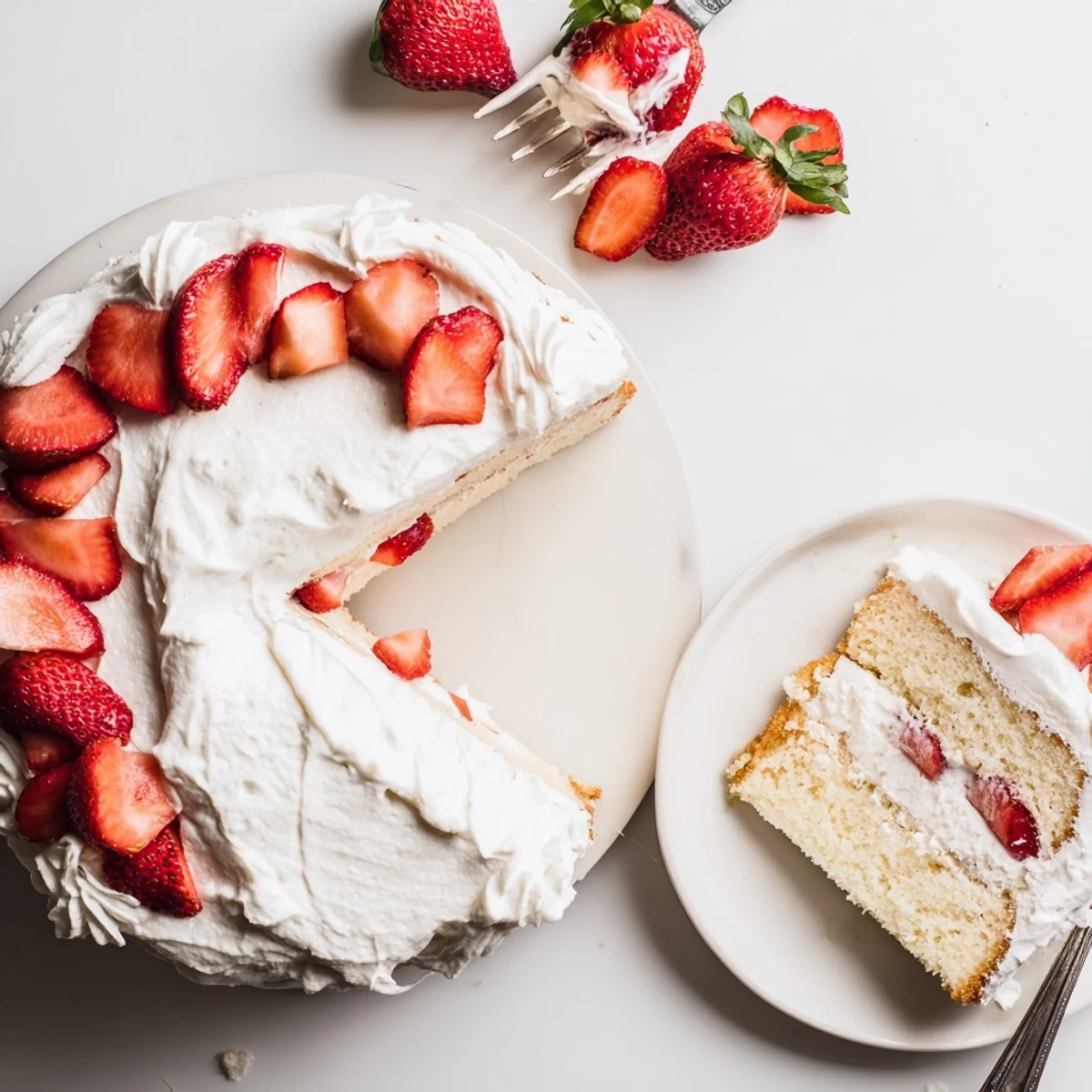Slice of strawberry shortcake cake showing vanilla sponge and whipped strawberry layers