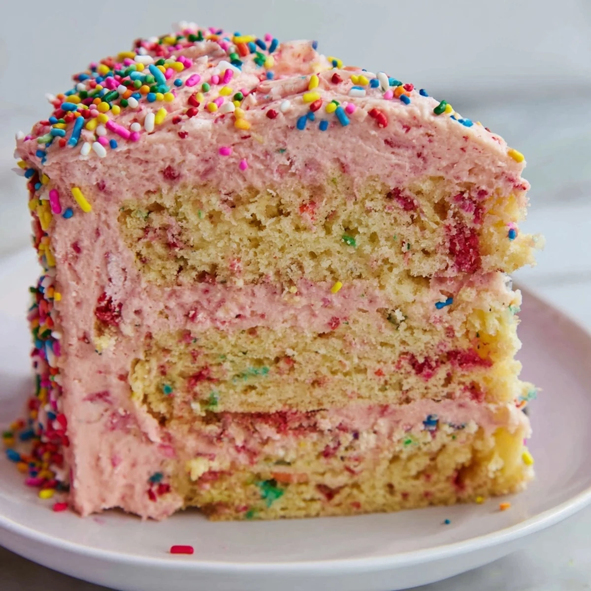 Whimsical strawberry funfetti cake with rainbow sprinkles and creamy strawberry buttercream frosting stacked on a white plate