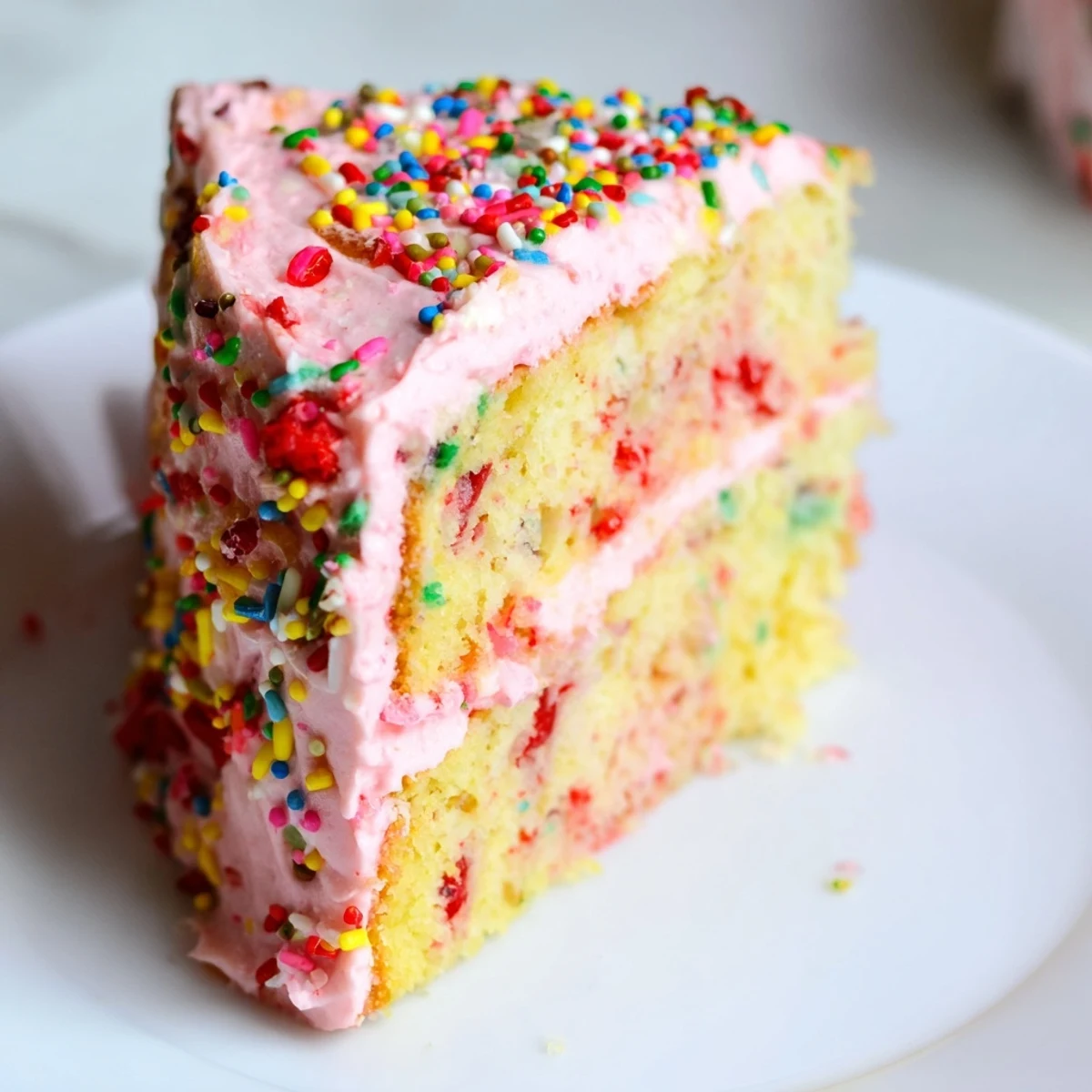 Pink frosted strawberry funfetti cake layers speckled with colorful sprinkles for a festive birthday dessert