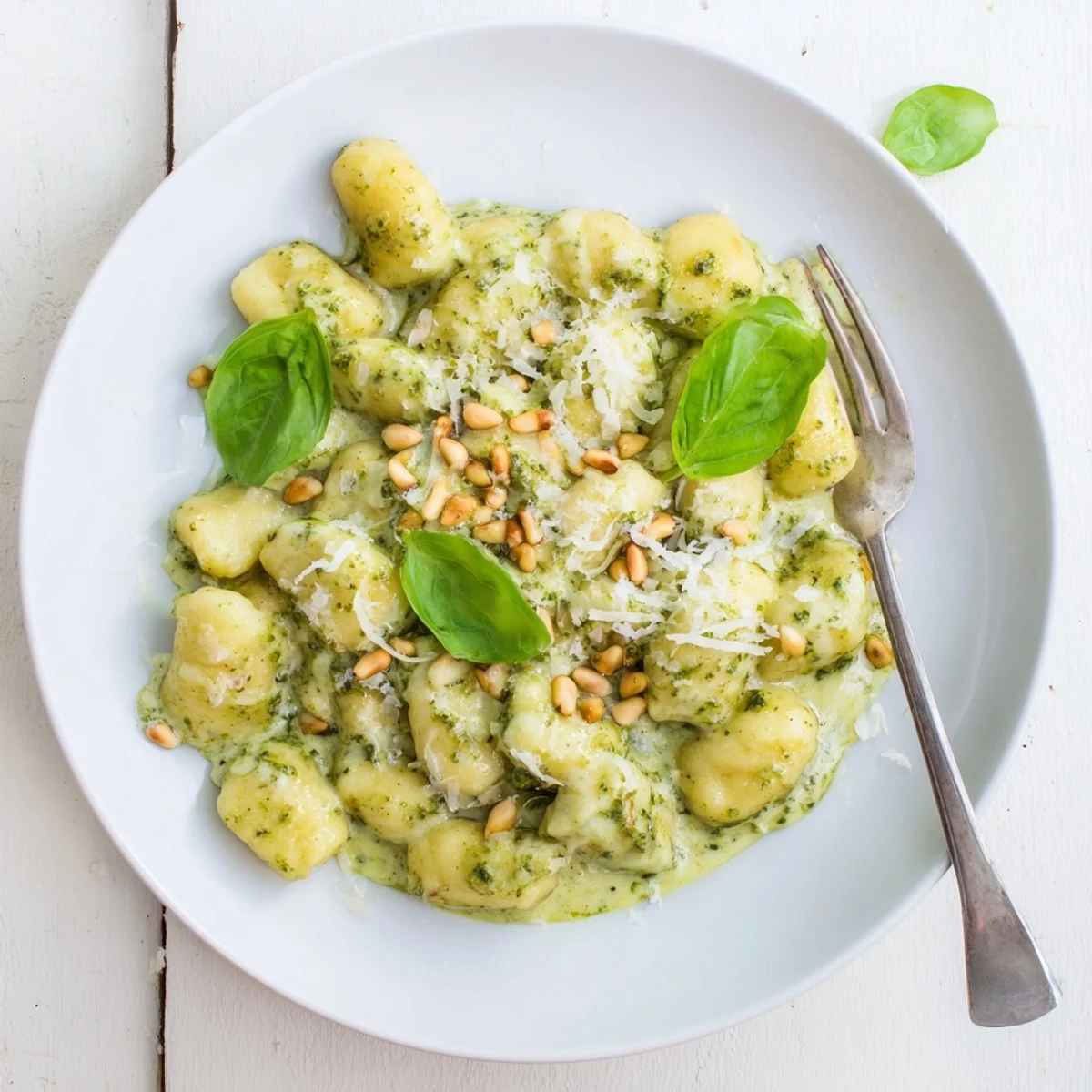 Golden potato gnocchi coated in vibrant basil pesto cream sauce with grated Parmesan