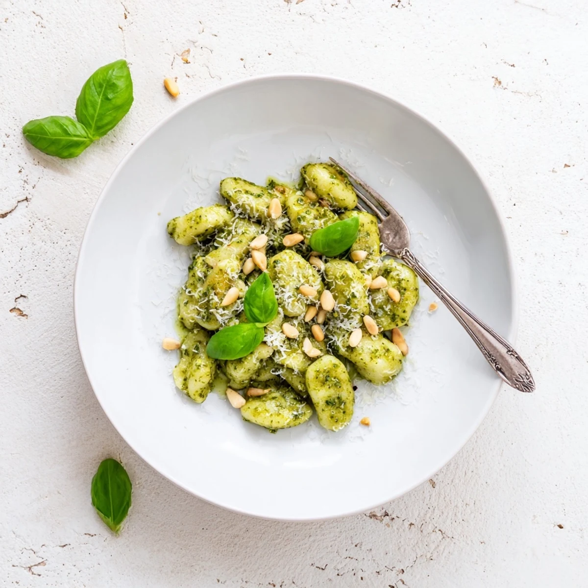 Creamy pesto gnocchi plated in a white bowl garnished with fresh basil leaves