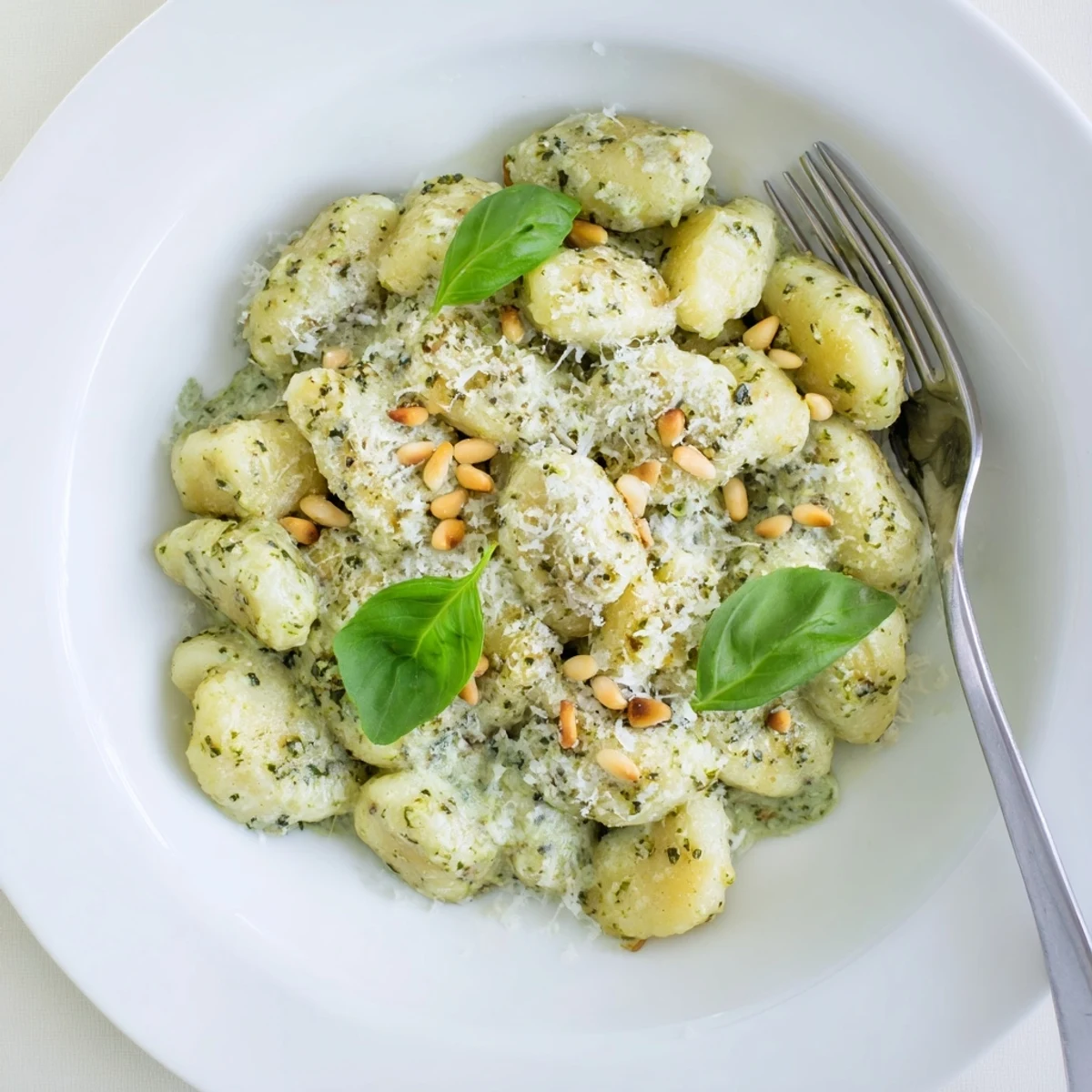 Pillowy gnocchi tossed in rich herbaceous pesto cream sauce topped with toasted pine nuts