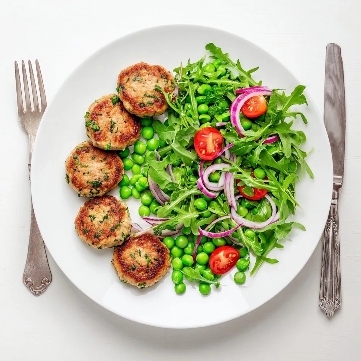 Golden brown turkey patties with arugula pea salad on a white plate