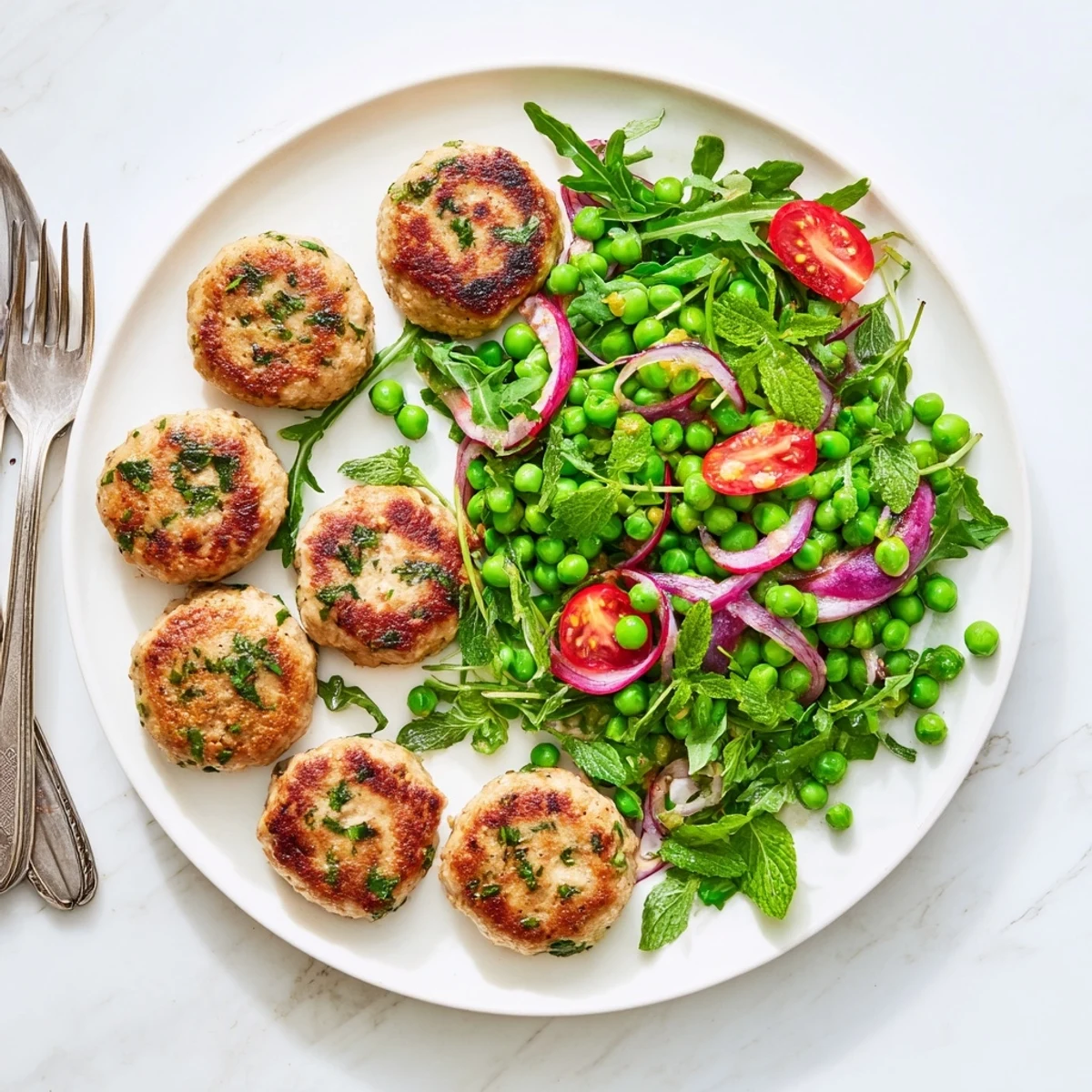 Juicy pan-fried turkey patties served atop fresh peppery arugula and sweet pea salad