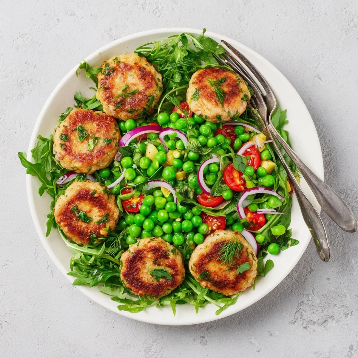 Homemade turkey patties plated alongside crisp arugula pea salad with cherry tomatoes