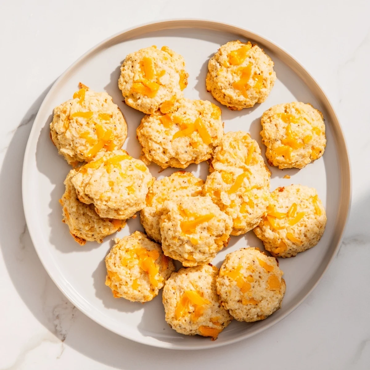 Golden brown high protein breakfast biscuits fresh from the oven with cheddar cheese