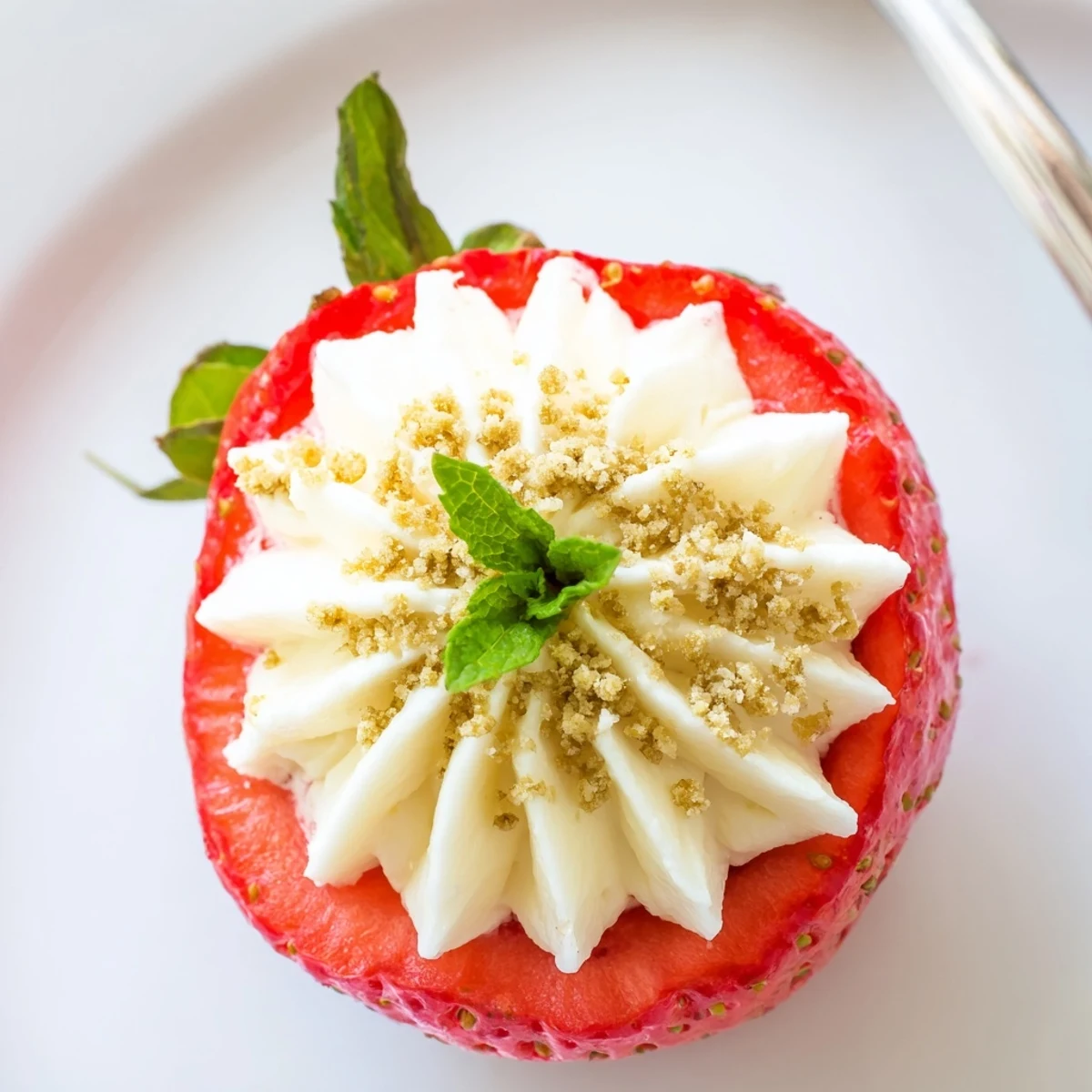 Fresh strawberries piped with creamy cheesecake filling and topped with graham cracker crumbs on a white plate