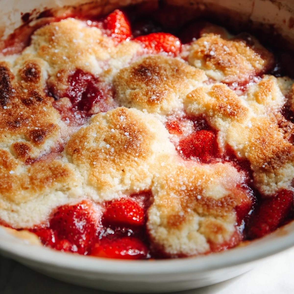 Golden biscuit topping covers bubbling sweet strawberries in this fresh strawberry cobbler recipe