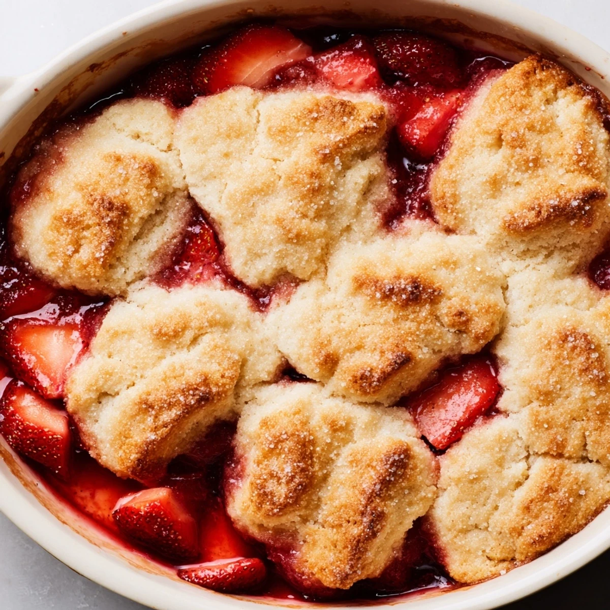 Warm fresh strawberry cobbler recipe served with melting vanilla ice cream for dessert