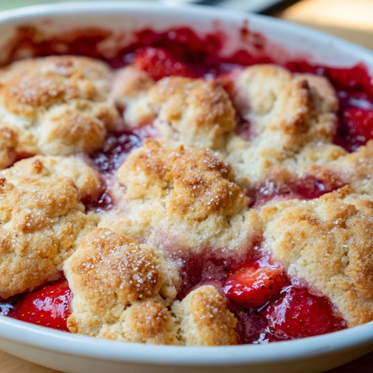 Juicy red strawberries bake beneath tender golden crust in this easy strawberry cobbler recipe
