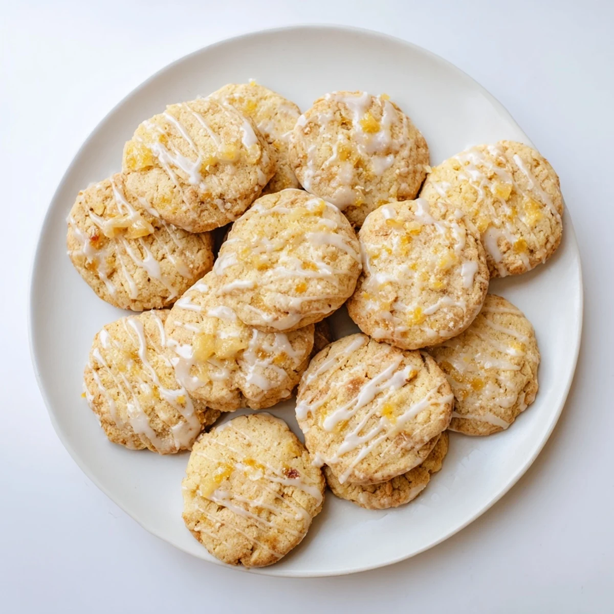 Golden pineapple cookies drizzled with white glaze on a white wire cooling rack