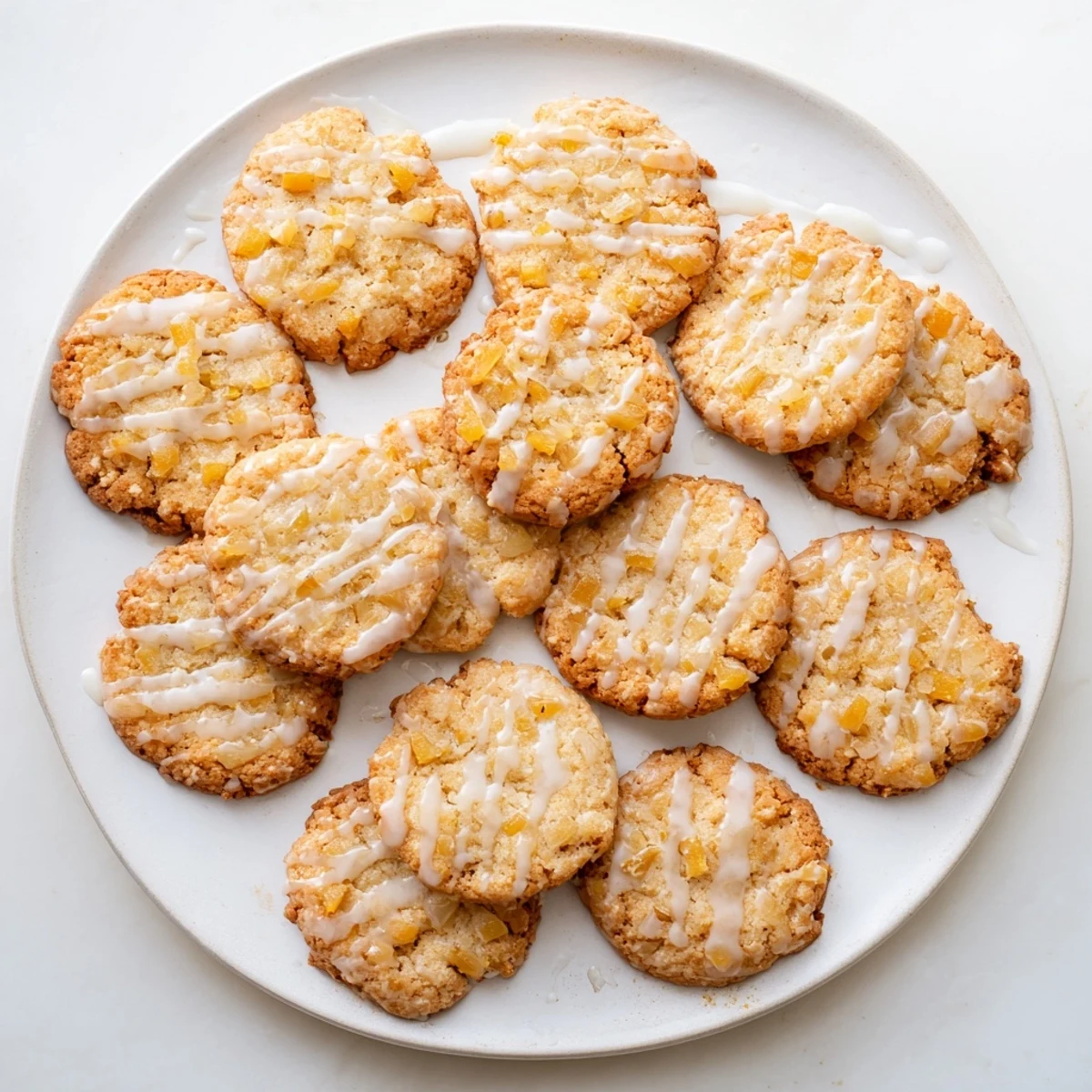 Buttery tropical pineapple cookies with golden edges arranged on a parchment-lined baking sheet