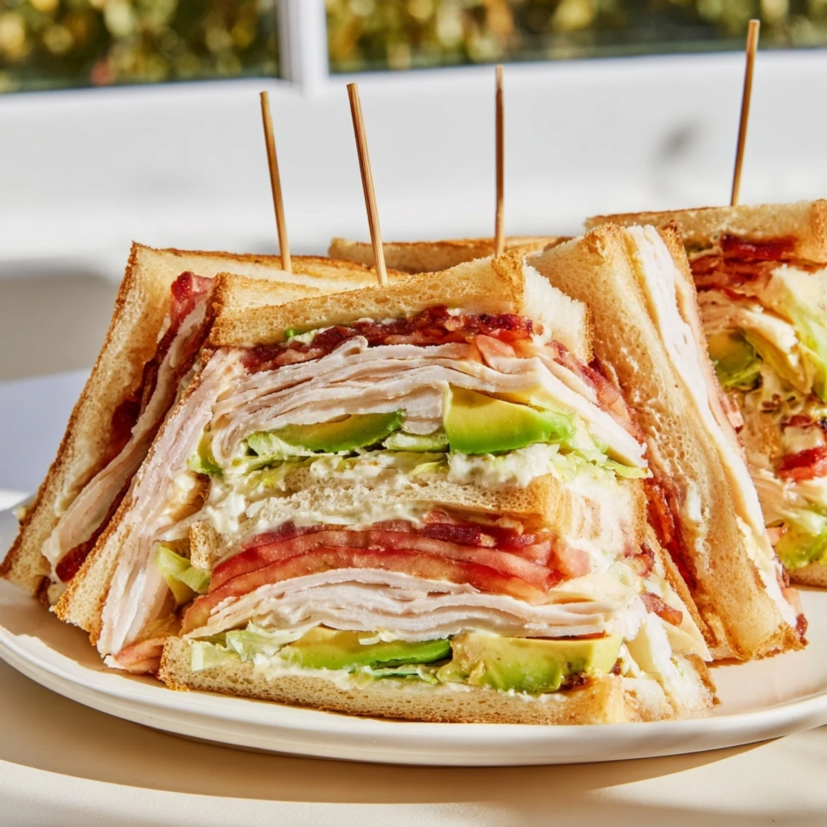 Triple-decker California Club Sandwich featuring crispy bacon, creamy avocado, and ripe tomato on toasted bread