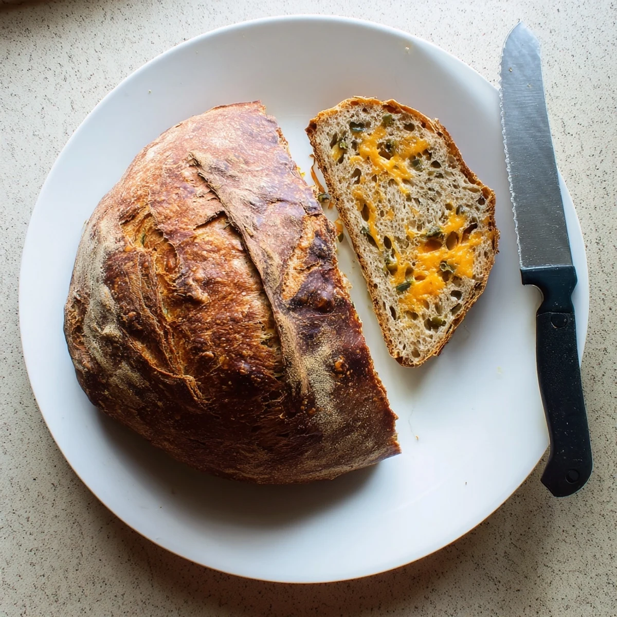 Golden brown jalapeno cheddar sourdough bread with visible cheese and pepper slices