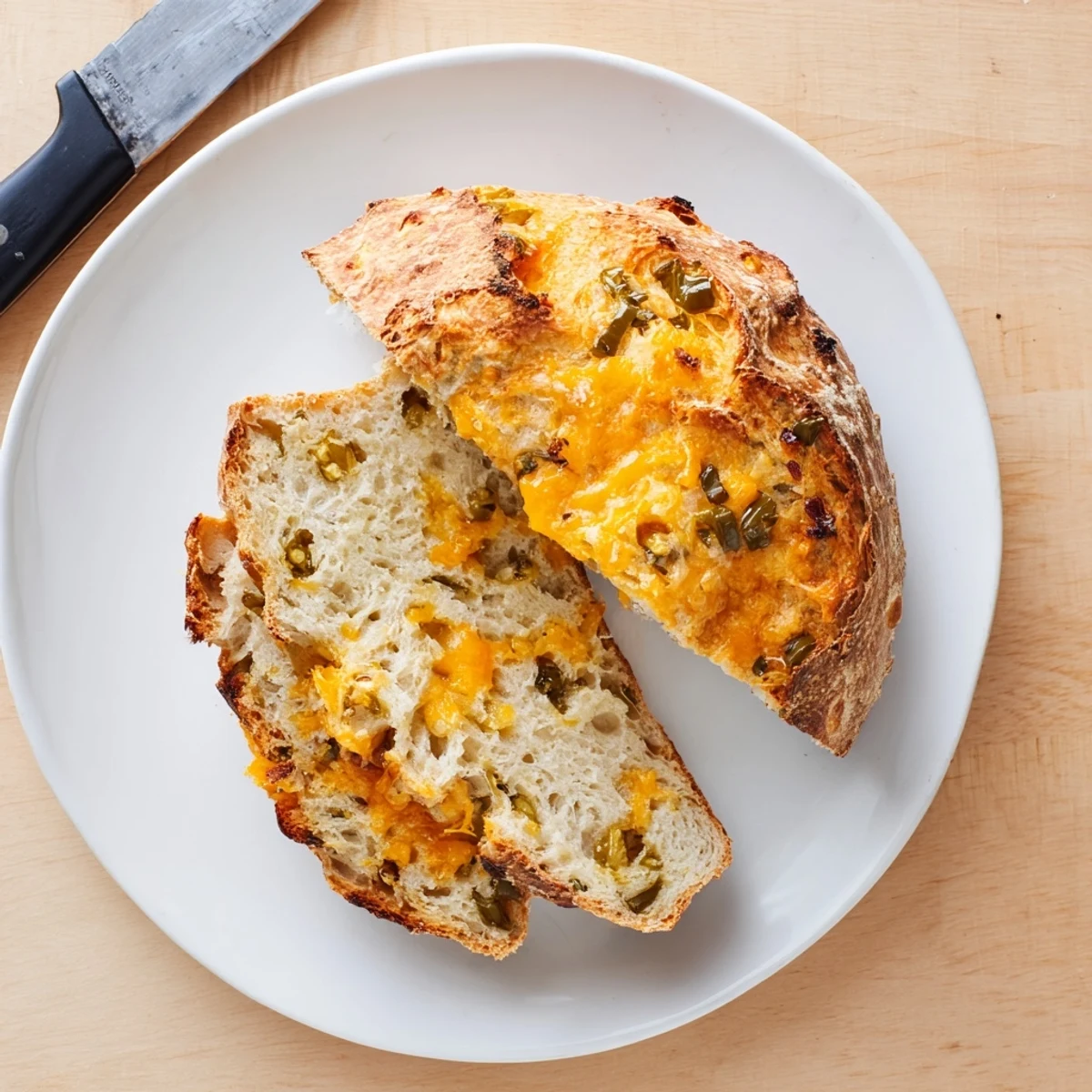 Crusty homemade jalapeno cheddar sourdough loaf sliced to reveal spicy cheesy interior
