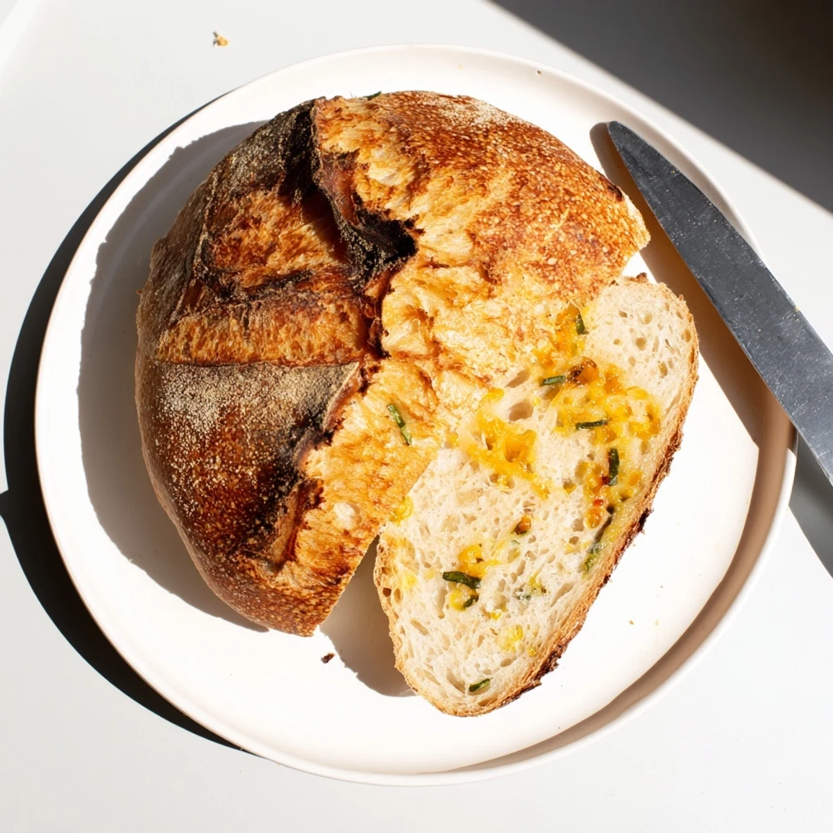 Freshly baked jalapeno cheddar sourdough bread with glossy crust and melted cheddar flecks