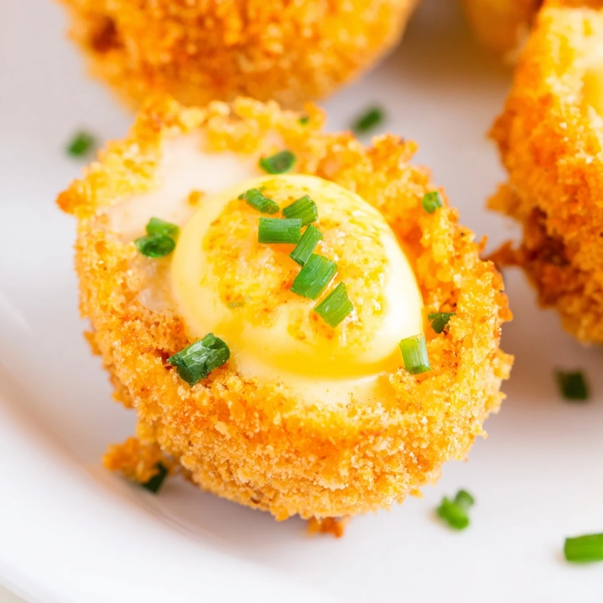 Fried deviled eggs appetizer showing golden crust and fluffy seasoned yolk center