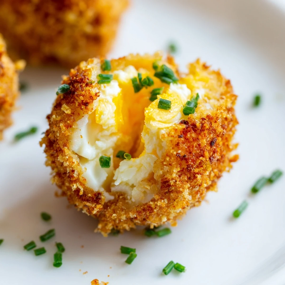 Crispy breaded deviled eggs garnished with fresh chives on a white serving platter